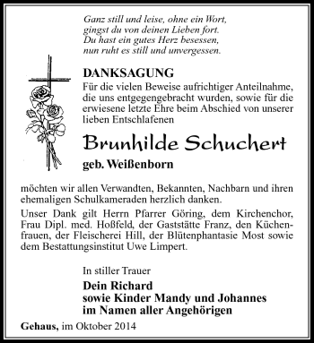 Traueranzeige von Brunhilde Schuchert von Südthüringer Presse