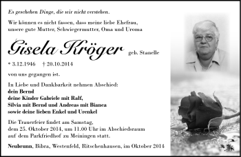 Traueranzeige von Gisela Kröger von Südthüringer Presse