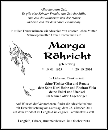 Traueranzeige von Marga Röhricht von Südthüringer Presse