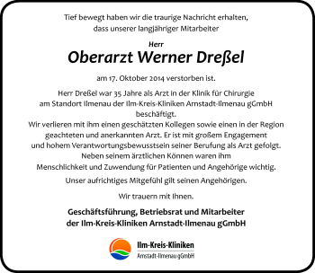 Traueranzeige von Werner Dreßel von Südthüringer Presse