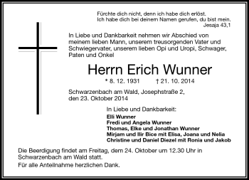Traueranzeige von Erich Wunner von Frankenpost