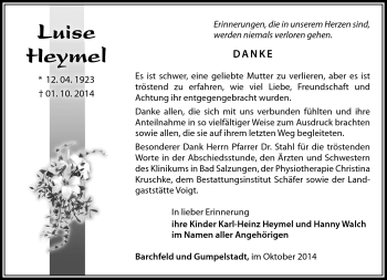 Traueranzeige von Luise Heymel von Südthüringer Presse