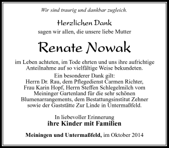 Traueranzeige von Renate Nowak von Südthüringer Presse