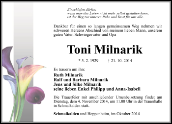 Traueranzeige von Toni Milnarik von Südthüringer Presse