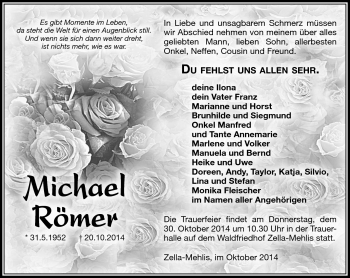 Traueranzeige von Michael Römer von Südthüringer Presse