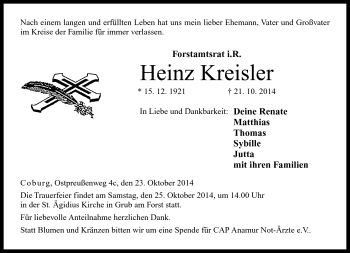 Traueranzeige von Heinz Kreisler von Neue Presse Coburg