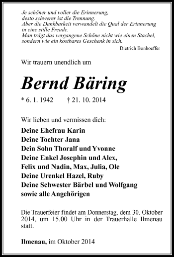 Traueranzeige von Bernd Bäring von Südthüringer Presse