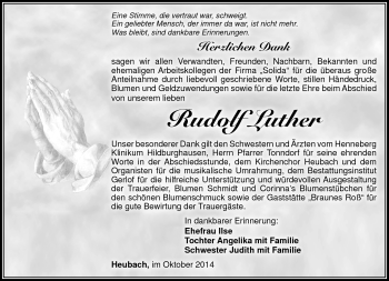 Traueranzeige von Rudolf Luther von Südthüringer Presse