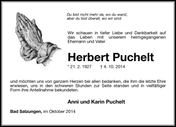 Traueranzeige von Herbert Puchelt von Südthüringer Presse