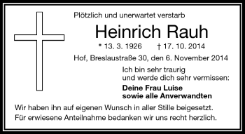Traueranzeige von Heinrich Rauh von Frankenpost