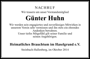 Traueranzeige von Günter Huhn von Südthüringer Presse