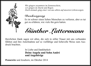 Traueranzeige von Günther Lattermann von Südthüringer Presse