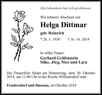 Traueranzeige von Helga Dittmar von Südthüringer Presse