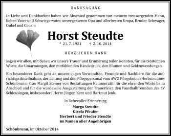 Traueranzeige von Horst Steudte von Südthüringer Presse