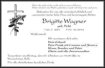 Traueranzeige von Brigitte Wagner von Frankenpost