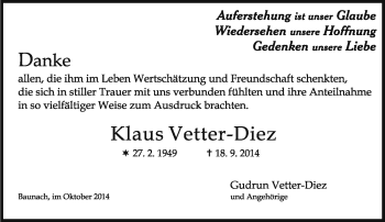 Traueranzeige von Klaus Vetter-Diez von Neue Presse Coburg
