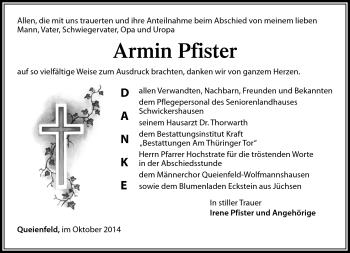 Traueranzeige von Armin Pfister von Südthüringer Presse