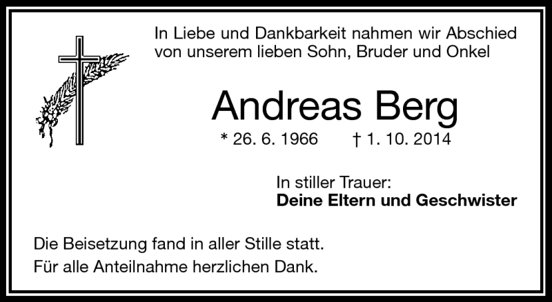 Traueranzeige für Andreas Berg vom 24.10.2014 aus Frankenpost