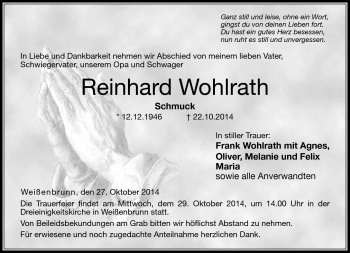 Traueranzeige von Reinhard Wohlrath von Neue Presse Coburg