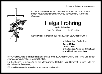 Traueranzeige von Helga Frohring von Frankenpost