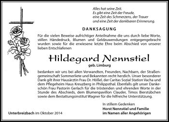 Traueranzeige von Hildegard Nennstiel von Südthüringer Presse