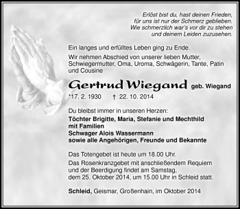 Traueranzeige von Gertrud Wiegand von Südthüringer Presse