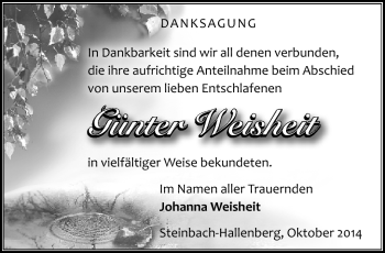 Traueranzeige von Günter Weisheit von Südthüringer Presse