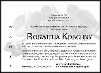 Traueranzeige von Roswith Koschnik von Südthüringer Presse