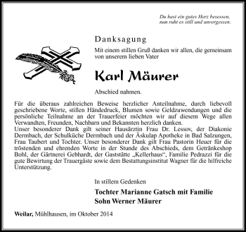 Traueranzeige von Karl Mäurer von Südthüringer Presse