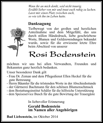 Traueranzeige von Rosi Bodenstein von Südthüringer Presse