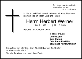 Traueranzeige von Herbert Werner von Frankenpost