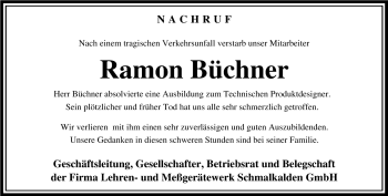 Traueranzeige von Ramon Büchner von Südthüringer Presse