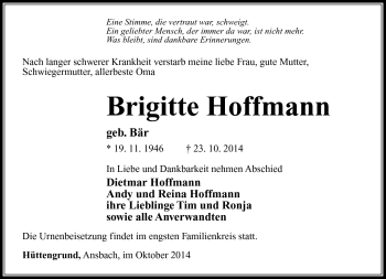 Traueranzeige von Brigitte Hoffmann von Südthüringer Presse
