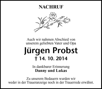 Traueranzeige von Jürgen Probst von Südthüringer Presse