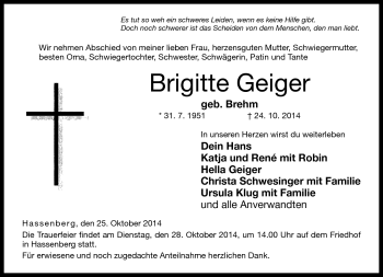 Traueranzeige von Brigitte Geiger von Neue Presse Coburg