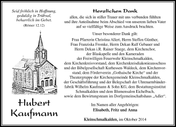 Traueranzeige von Hubert Kaufmann von Südthüringer Presse