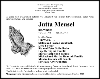 Traueranzeige von Jutta Meusel von Südthüringer Presse