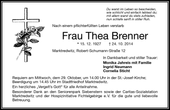 Traueranzeige von Thea Brenner von Frankenpost