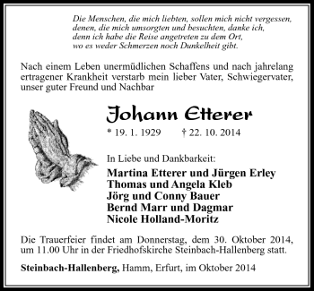 Traueranzeige von Johann Etterer von Südthüringer Presse