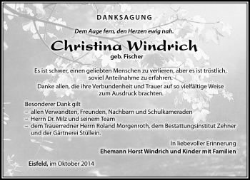 Traueranzeige von Christina Windrich von Südthüringer Presse