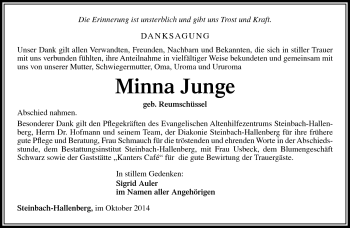 Traueranzeige von Minna Junge von Südthüringer Presse