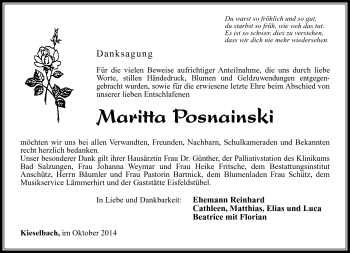 Traueranzeige von Maritta Posnainski von Südthüringer Presse