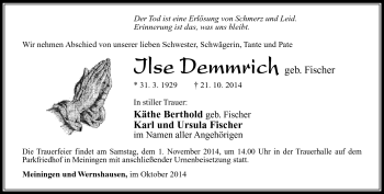 Traueranzeige von Ilse Demmrich von Südthüringer Presse