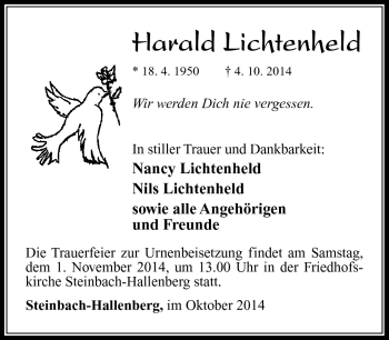 Traueranzeige von Harald Lichtenheld von Südthüringer Presse