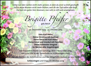 Traueranzeige von Brigitte Pfeifer von Südthüringer Presse
