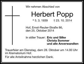 Traueranzeige von Herbert Popp von Frankenpost