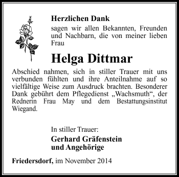 Traueranzeige von Helga Dittmar von Südthüringer Presse