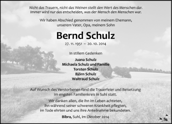 Traueranzeige von Bernd Schulz von Südthüringer Presse