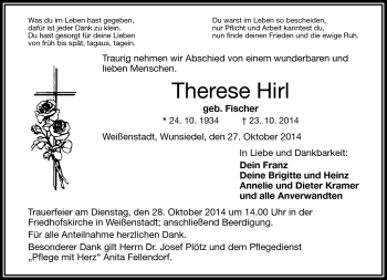 Traueranzeige von Therese Hirl von Frankenpost