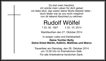 Traueranzeige von Rudolf Wölfel von Frankenpost